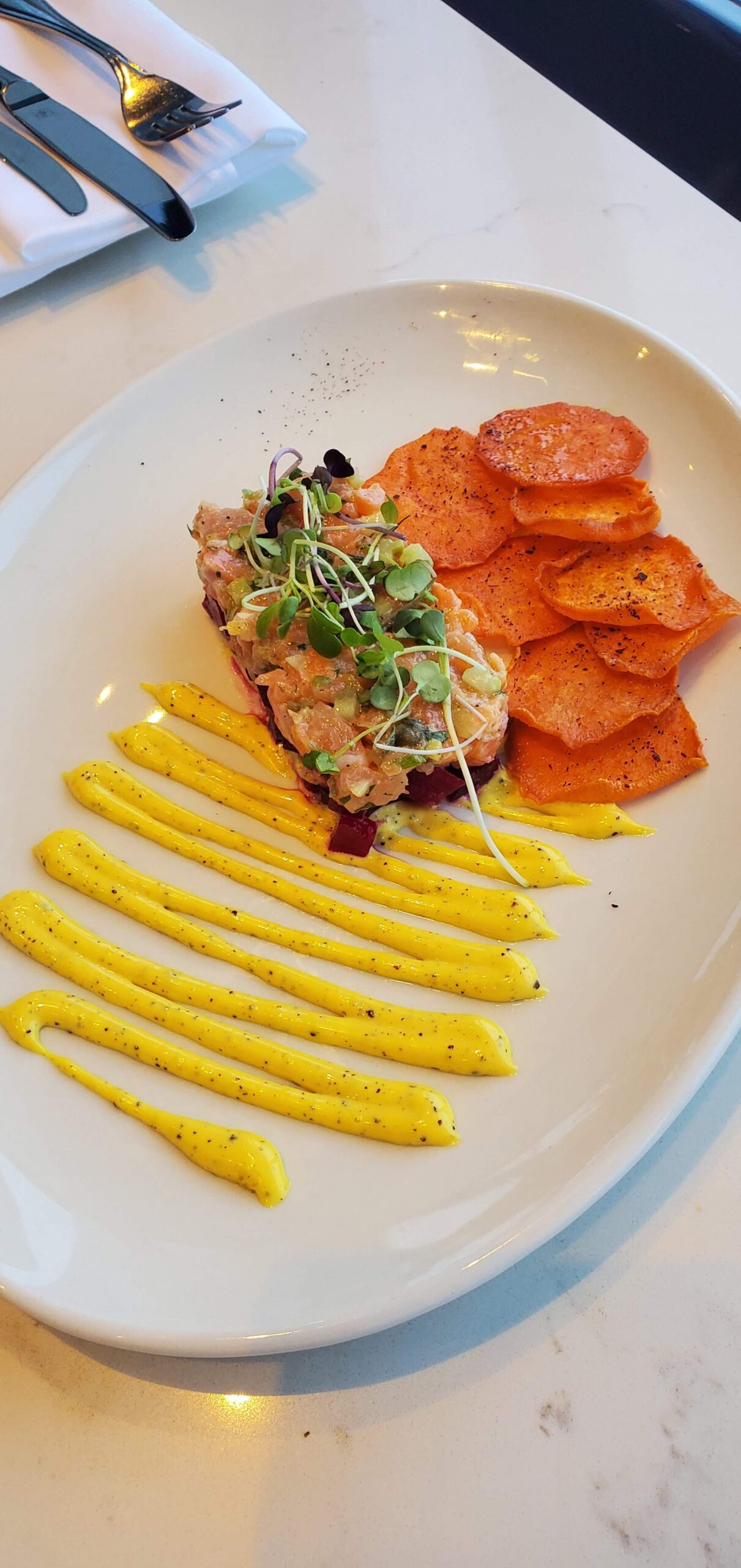 Pickled Late Summer Beets, Capers, Sumac Aioli and Sweet Potato Chips